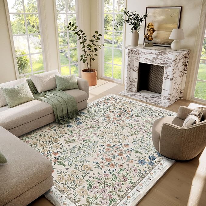 Machine Washable Rugs for Living Room: 6x9 Area Rugs for Bedroom Vintage Stain Resistant Non Slip Low Pile Soft Carpet Rug for Kitchen Dining Room Farmhouse Kids Room Nursery Playroom