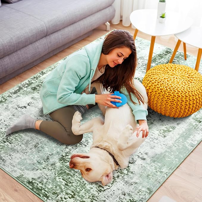 4x6 Green Washable Area Rug for Living Room Bedroom, Modern Abstract Non-Slip Rugs, Low Pile Soft Stain Resistant Carpet for Dining Room, Kitchen, Office, Dorm, Bedside Decor