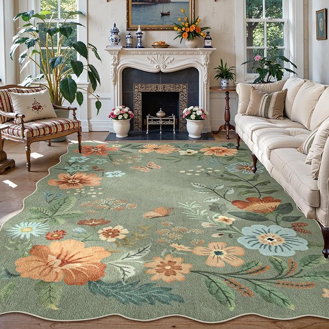 Lahome Floral 9x12 Area Rugs for Living Room Bedroom, Soft Washable Rugs | Stain Resistant Ultra-Thin Non-Slip Boho Dining Room Rug Accent Carpet for Office Flore (9x12ft, Green)