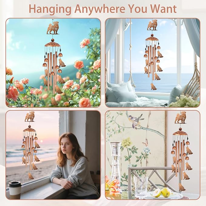 Pug Wind Chimes for Outside, Pug Gifts for Women Men Dog Lovers Metal Windchimes Outdoors, Floral Butterfly Dog Design Home Garden Patio Yard Decor