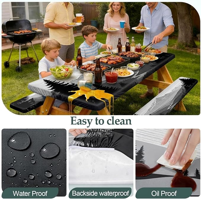 Picnic Table Cover with Bench Covers Camping Essentials Waterproof Windproof Camping Tablecloth with Drawstring Bag, Fitted Rectangle Tables and Seats, 72in, Black White Forest