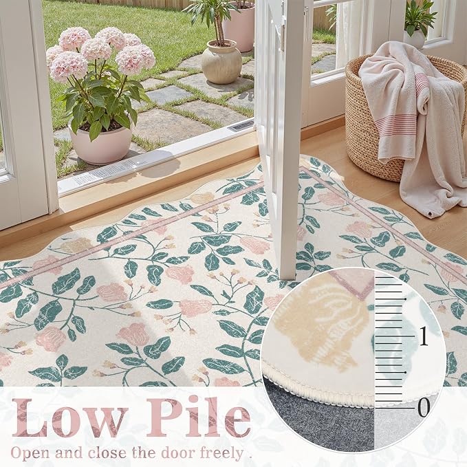 DCX Pink Botanical 5x5 Rug, Machine Washable Non Slip Stain Resistant Carpet, Kid & Pet Friendly Low Pile Floral Scalloped Rug for Living Room, Bedroom, Home Office