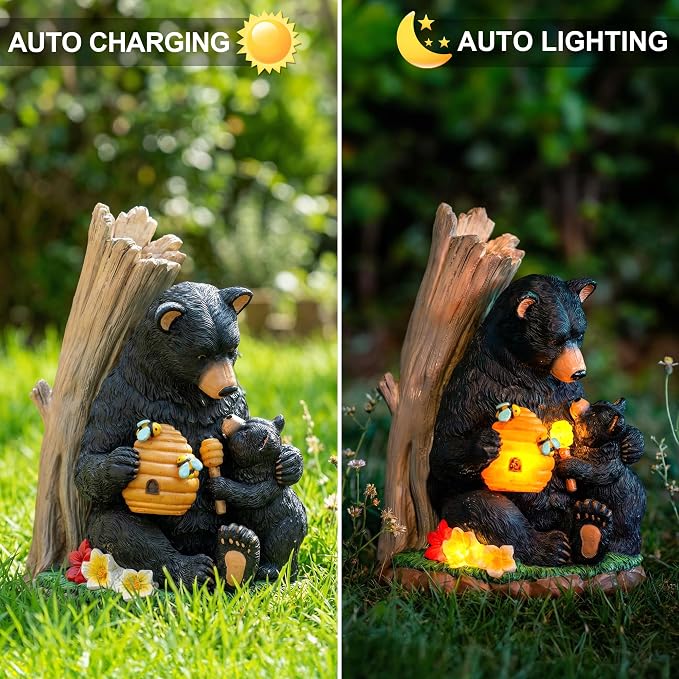 Candieslife Solar Bear Garden Statue with Glowing Beehive & Cub - Outdoor LED Figurine Decor for Patio, Lawn, Yard Art - Unique Birthday Housewarming Gift for Women, Mom, Father