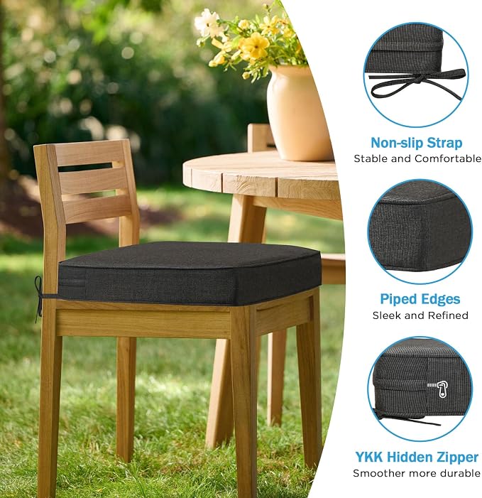 18.5 x 16 Inch Sunbrella Outdoor Chair Cushions with Tie Straps, Set of 4 Thick Water Repellent Rectangle Patio Chair Pads for Garden Lawn Patio Furniture, Canvas Coal