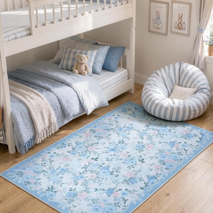 Lahome Blue Floral Bedside Rug 3x5, Low Pile Ultra-Thin Dorm Rug | Pet Friendly, Easy To Clean Non Slip Carpet For Bedside, Dorm Room, Entryway And Bedroom Decor