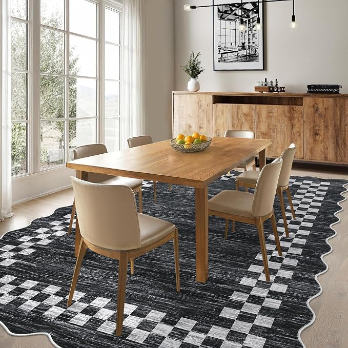 GarveeHome Small Bedroom Area Rug 3x5 Checkered Area Rug for Living Room | Nursery Non Slip Kitchen Throw Carpet Low Pile Modern Bordered Rugs Washable Brown Rugs for Laundry Entryway, Grey
