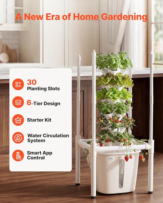 VEVOR Hydroponic Tower, 30 Pods 6 Tiers Hydroponics Growing System Kit with LED Grow Light & App Control, Vertical Home Garden with 20L Water Tank & Pump, Planter for Indoor Herbs, Fruits, Vegetables