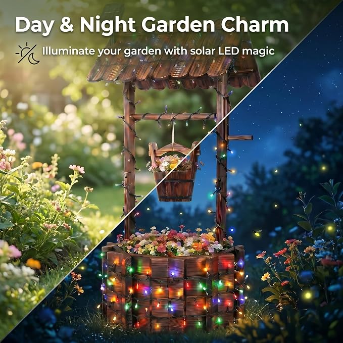 Wooden Wishing Well Planter With Light,4 Reinforced Rods,Dual Tier Planting | 8 Custom Lighting Modes, Adjustable Hanging Bucket, Multi-Yard Decor, Seasonal Plant Friendly, Easy Installation