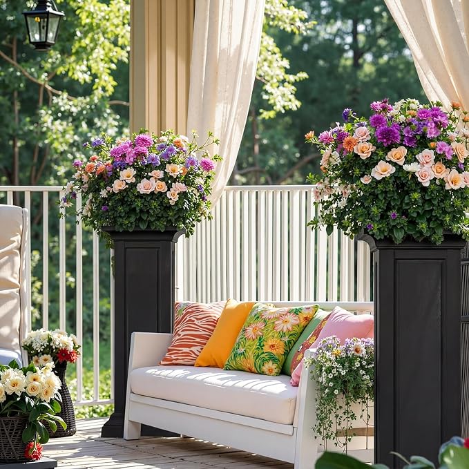 Vixzen Tall Black Resin Planters Set of 2, Large All-Weather Outdoor Garden Pots, Durable Crack-Resistant Flower Pots for Porch, Balcony, Backyard, Flowers & Trees, Black