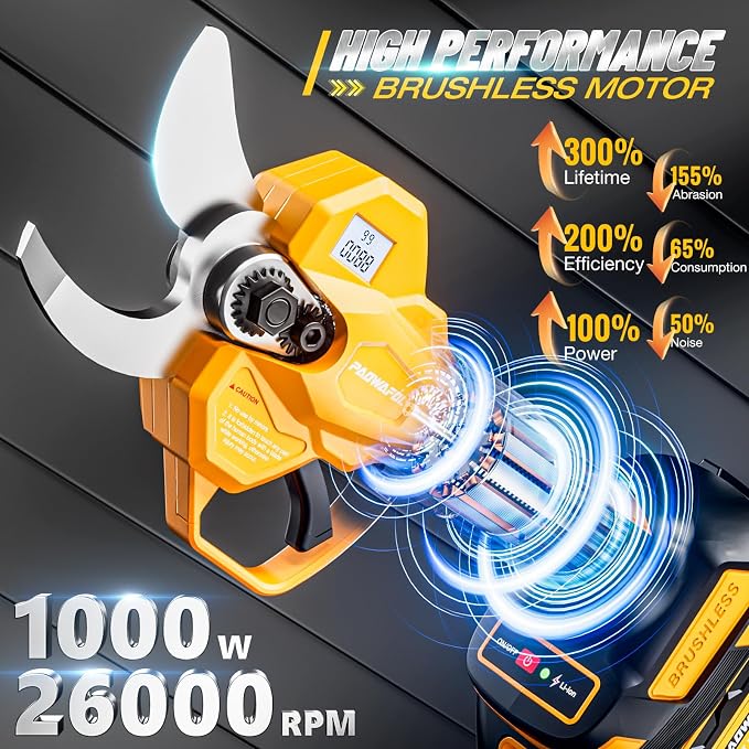 2.05"/ 56mm Electric Pruning Shears, Cordless Electric Scissors LCD Display＆SK7 Blades, 21V Brushless Motor Branch Cutter with 2 PCS Rechargeable 2000mAh Batteries & 2 Blades (Yellow)