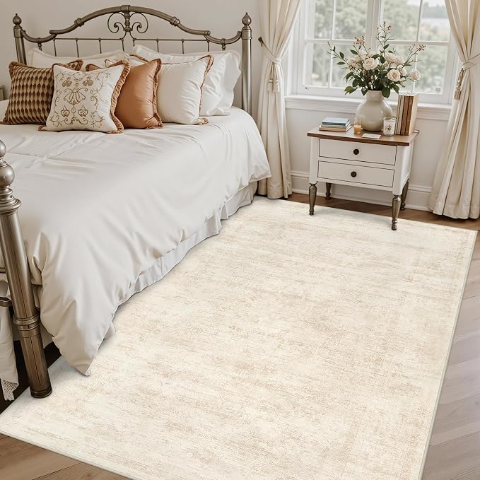 5x7 Area Rugs Living Room: Bedroom Washable Carpet Retro Beige | Large Vintage Boho Indoor Decor Neutral Soft Nursery Farmhouse Dining Room Office Floor Non-Slip Low Pile Under Table Rug