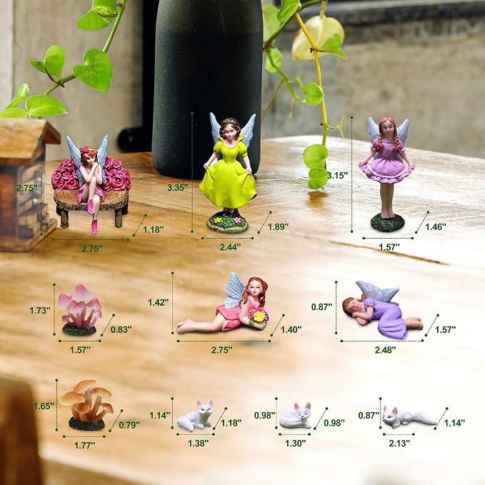 11 Pcs Mini Fairy Garden Accessories Set, Includes Resin Fairy Figurines, Cute Small Mushrooms, Benches and White Fox Statues. Perfect for Diy Miniature Landscape Decorations and Home Garden Decor