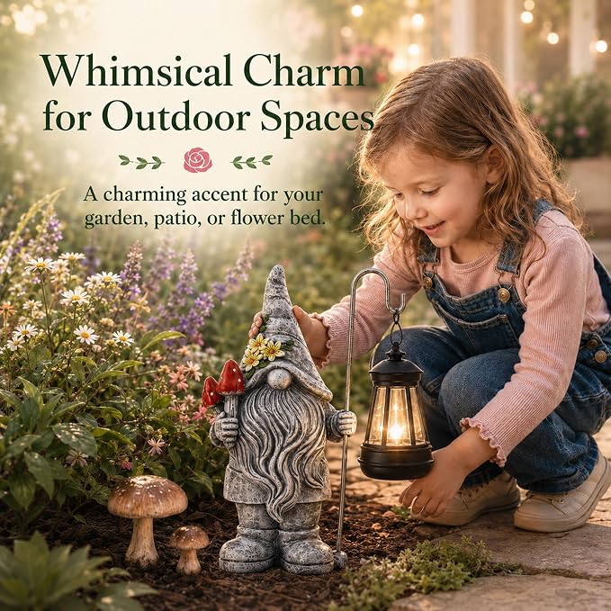 Garden Gnome Statue with Lantern: Outdoor Waterproof Sculpture | Home Yard Lawn Balcony Patio Porch Decorations, Birthday Gifts for Mom Women Grandma