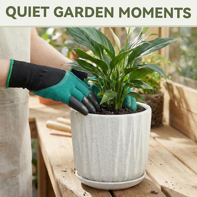 10 Inch Ceramic Planter Pot with Saucer Drainage Leak-Proof Mesh,Flower Pots for Indoor Plants with Gardening Gloves,Ceramic Planter(Waxen White)