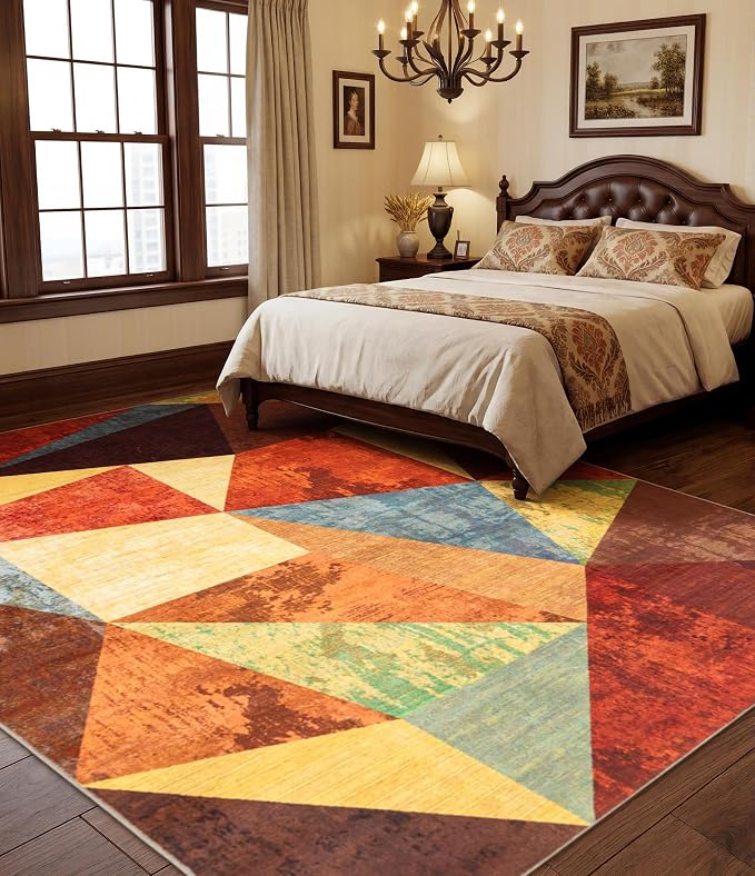 Brown Area Rug 8x10,Geometric Burnt Orange Area Rug Non Slip,Farmhouse Rugs Washable,Vintage Burgundy Carpets for Bedroom, Boho Rug for Kitchen,Dining Room