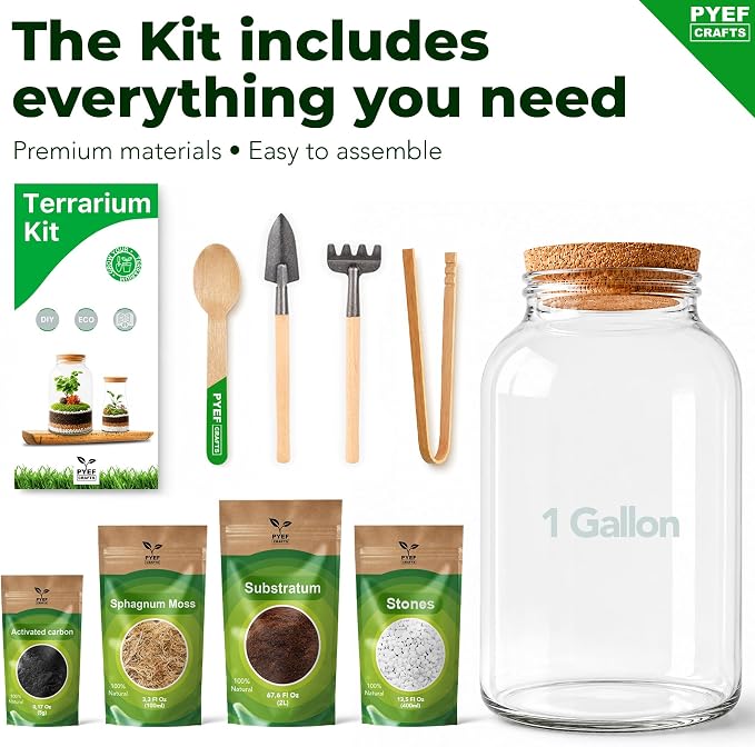 Terrarium Kit for Plants DIY (1 Gallon) | Starter Pack – Closed Ecosystem – 1 Gal Glass – Succulents, Air Plants, Bonsai, Indoor Plants – (Plants Not Included)