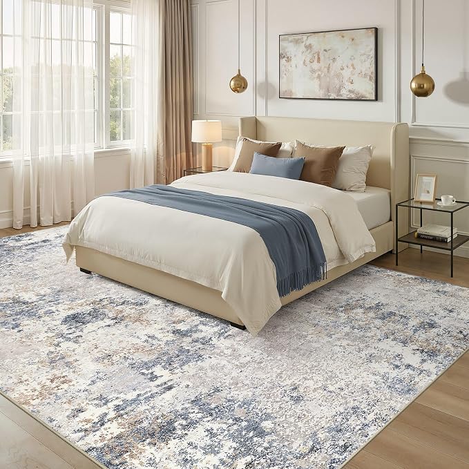 Nakagishi 10X12 Abstract Washable Area Rugs for Living Room-Blue Grey | Modern Non-Slip Silicone Backing Low Pile Soft Carpet for Bedroom Dining Decor Ideal for Families with Kids and Pets