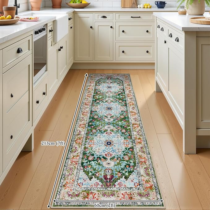 U'Artlines 2'x7' Boho Hallway Runner Rug Non Slip Washable Runners,Green | Vintage Farmhouse Kitchen Rug Accent Area Carpet for Entryway Laundry and Living Room