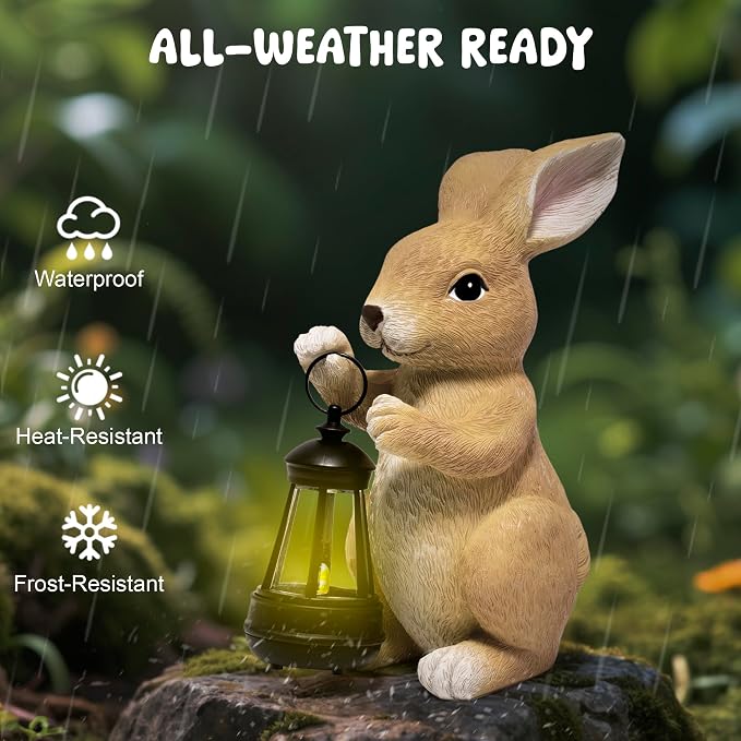basen Outdoor Bunny Statue with LED Lantern, Battery Powered Resin Rabbit Garden Decor, Weather Resistant Lawn Yard Patio Ornament for Outdoor Indoor Spring Easter Home Decoration
