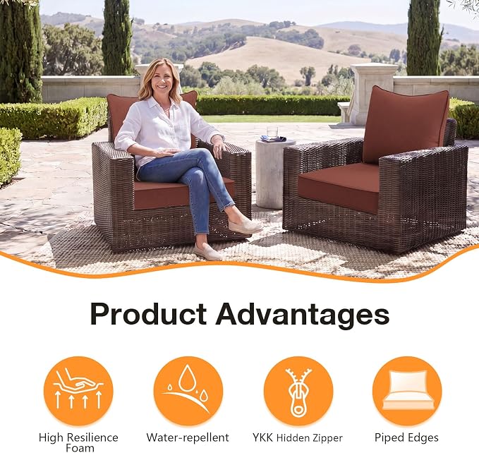 Unimatta Sunbrella Outdoor Patio Chair Cushions Set, 24" x 24"(24x24 Back), Set of 2, Water-Repellent, Fade Resistant, Deep Seat Bottom and Back Cushion for Backyard, Couch, Sofa, Canvas Henna