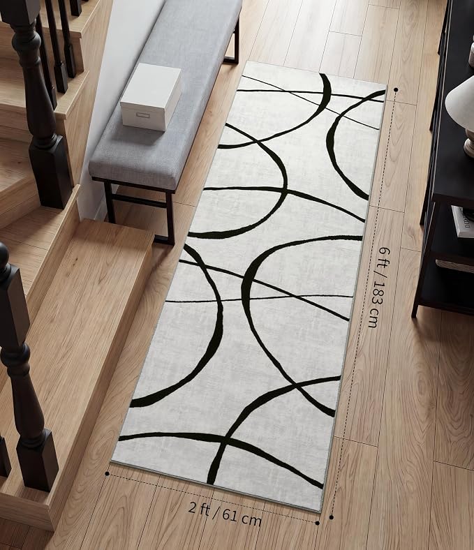 2x6 Washable Modern Black White Kitchen Runner Rug | Ultra-Thin Low Pile, Non-Slip TPE Backing, Soft Stain Resistant, Machine Washable, for Bedroom Livingroom High Traffic