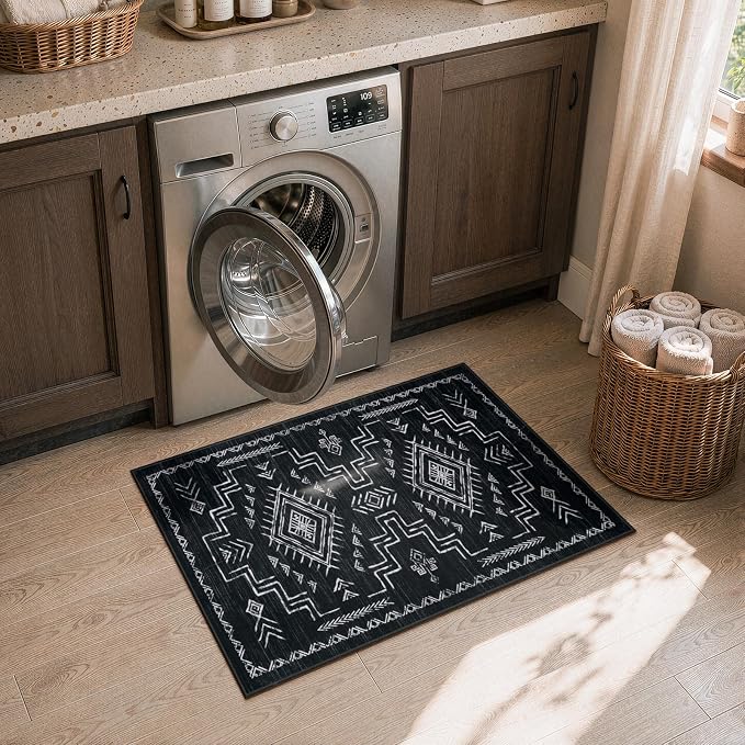 STARUIA Entryway Rug 2x3 Western - Door Mat Indoor Entrance Washable Rug, Black Aztec Tribal Classic Boys Non-Slip Low Pile Throw Rugs for Entryway, Kitchen, Front Door Indoor Entrance(Black 2'x3')