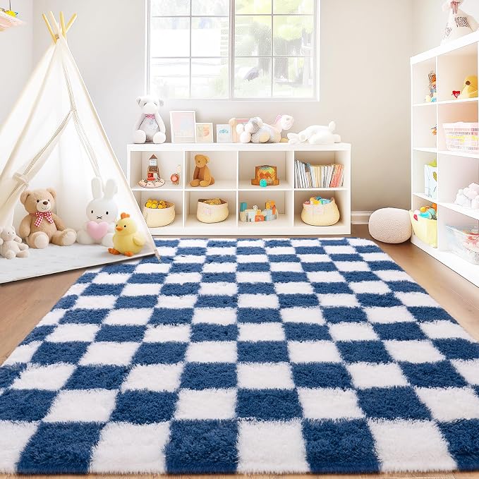 Checkered Rug for Living Room 6x9, Ultra Fluffy Fuzzy Shag Large Area Rug for Bedroom, Modern Plush Soft Upgrade Non-Slip Carpet for Kids Girls and Boys Room Dorm Home Decor, Navy and White