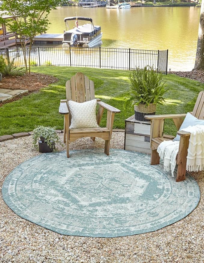 Unique Loom Outdoor Traditional Collection Area Rug - Valeria (3' 3" Round, Aqua/ Ivory)