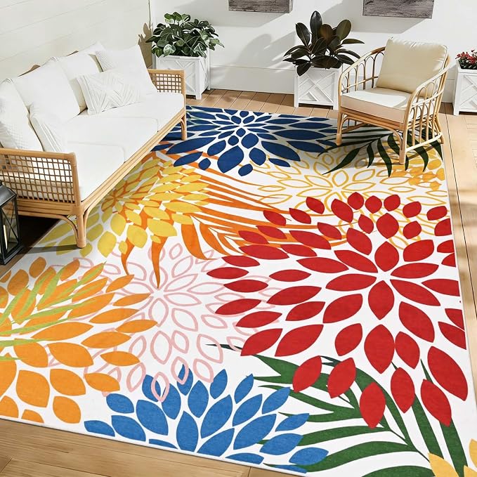 Yinhua Dahlia Floral Outdoor Rug 5x7 Colorful Indoor Outdoor Rugs Washable Patio Rug Non Slip Large Flower Area Rug Low Pile Outdoor Carpet for Patio, Deck, Porch, Balcony, Camping, Red and Blue