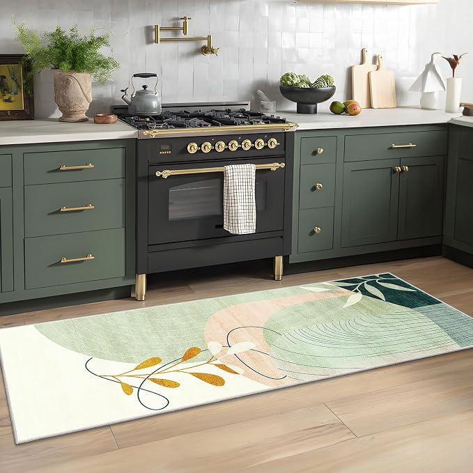 Washable Runner Rug 2x6 Area Rug Non Slip Mid Century Modern | Long Throw Carpet Runner for Hallway Kitchen Bedroom Bedside Laundry Room Floor Boho Abstract Retro Geometric Green