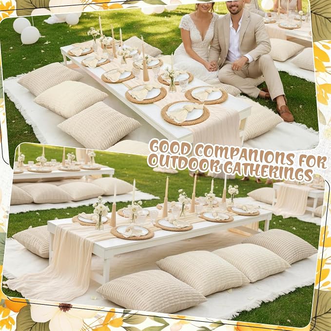 Beeveer 14 Pcs Picnic Kit 91x71 Inch Extra Large Outdoor Boho Picnic Blanket with White Table Runner, 6 Throw Pillow Cover 6 Napkin Woven Cotton Yarn Oversize Washable Beach Blanket for Camp Wedding