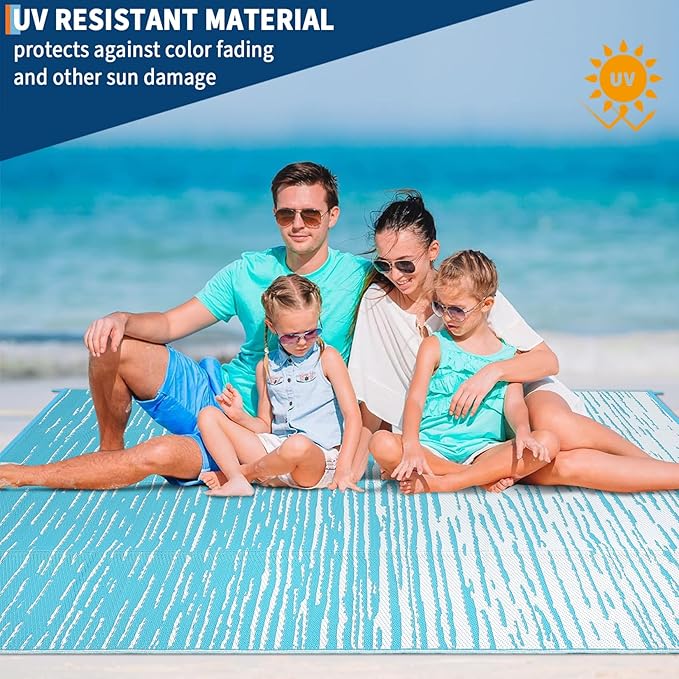 Garvee Waterproof Outdoor Rug for Camping, 6x9 Abstract Outdoor Patio Rug Plastic Straw RV Rugs for Outside, Reversible UV Resistant Modern Mats for Picnic Backyard Deck Balcony, Light Blue