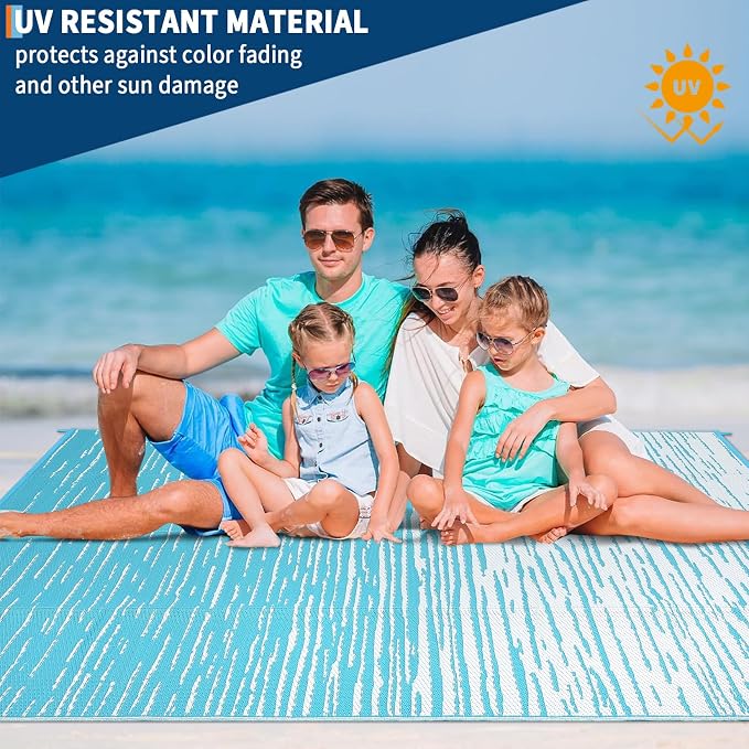 Garvee Waterproof Outdoor Rug for Camping, 5x8 Abstract Outdoor Patio Rug Plastic Straw RV Rugs for Outside, Reversible UV Resistant Modern Mats for Picnic Backyard Deck Balcony, Light Blue