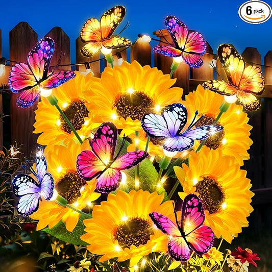 6 Pack Solar Garden Lights Outdoor, Sunflower Solar Lights with Butterfly IP65 Waterproof, Solar Flower Lights for Yard Patio Garden Decor, Auto On/Off Solar Sunflowers Decorative, Gifts for Mom Women