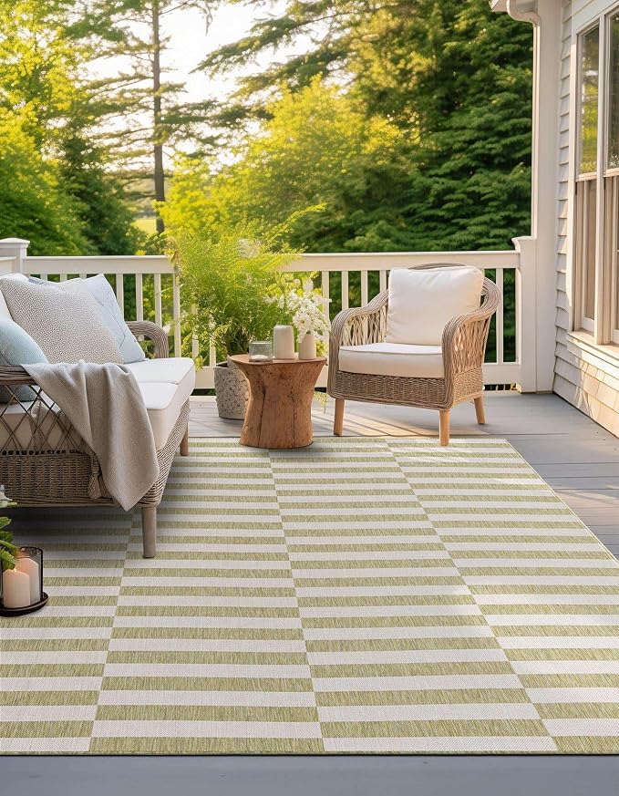 Unique Loom Outdoor Striped Collection Area Rug - Striped (7' 10" Square Green/Ivory)