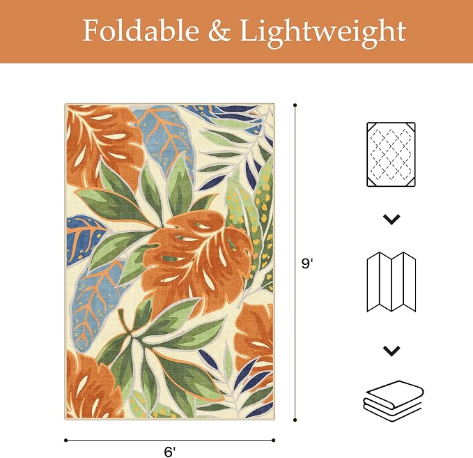 GENIMO Outdoor & Indoor Area Rug 6'x9', Waterproof, Non-Shedding, Easy Cleaning, Leaf Mat for Patio, Living Room, Balcony, Dining Room, RV, Deck, Bedroom, Camping, Outside Carpet, Rust Sage
