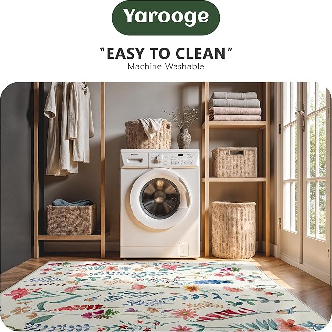 6x9 Area Rugs, Washable Floral Area Rugs for Living Room, Indoor Area Rug for Bedroom, Dining Room, Low Pile Non-Slip Non Shedding Rugs(Beige Floral)