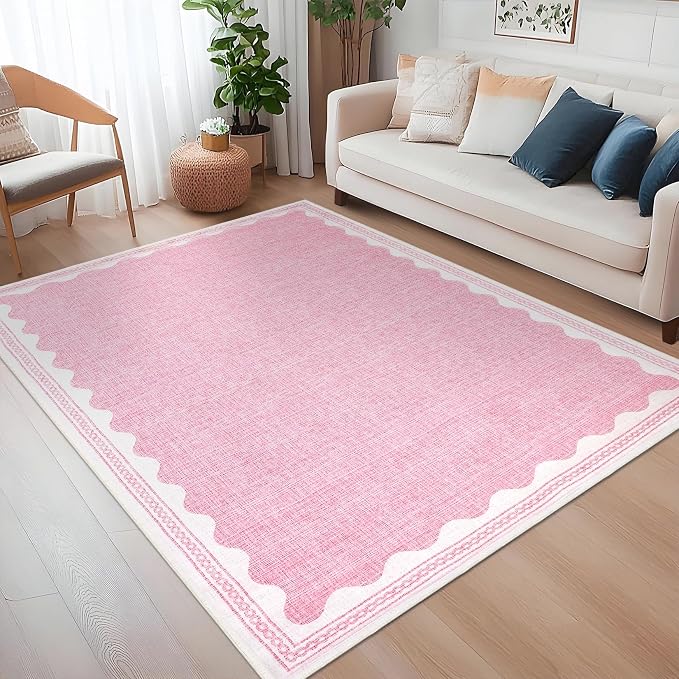 5x7 Scalloped Area Rugs Pink Washable Living Room Bedroom Rug | Solid Tan Rug for Bedroom Girls, Non Slip Throw Carpet With Rubber Back, Soft Dorm Nursery Scalloped Rugs for Dining Room
