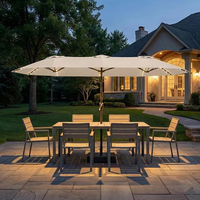 Kingdura 15ft Large Patio Umbrella with Solar Lights, Double-Sided Rectangle Lighted Outdoor Table Umbrella with Base Included, 12 Reinforced Ribs, 48 Led Lights, Crank Lift for Market Pool Deck Backyard, Beige