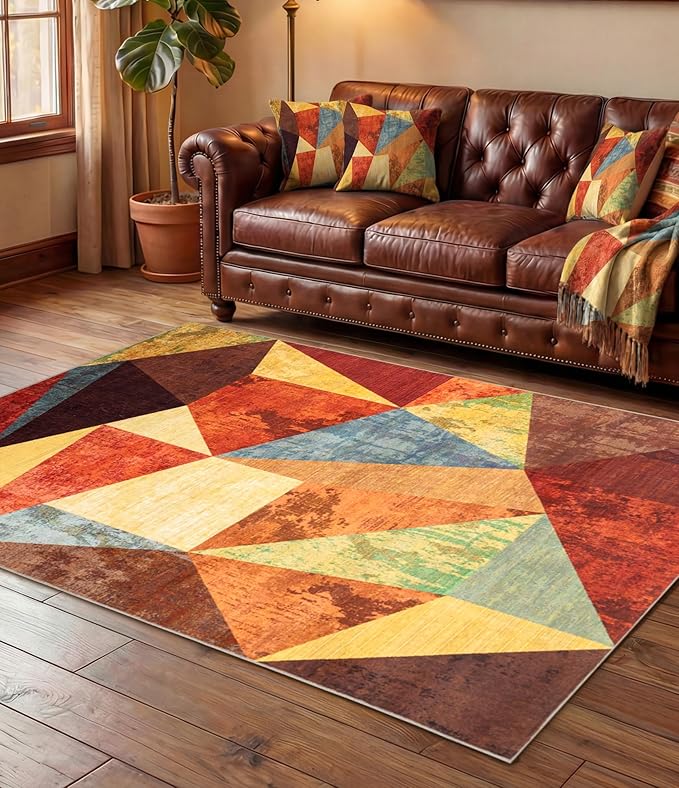 Brown Rustic Area Rugs 3x5,Geometric Burnt Orange Area Rug Non Slip,Farmhouse Rugs Washable,Burgundy Carpets for Bedroom, Boho Rug for Kitchen,Dining Room
