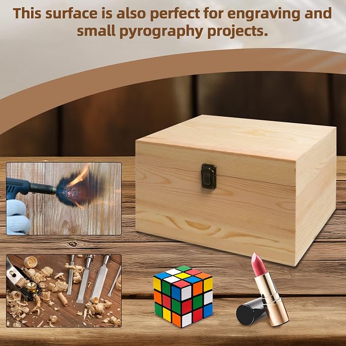10.71x8x5.66-Inch Unfinished Wooden Box with Hinged Lid & Front Clasp for DIY Art Project Crafts Woodcraft Keepsake - Easy to Stain Paint Wood Burning