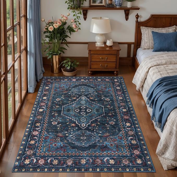 Tangsoo Oriental Blue 3X5 Washable Rugs for Entryway, Non Slip Vintage Indoor Accent Rug Carpet, Boho Soft Low Pile Tumble Rug for Living Room Dining Bedroom Bedside Entry Home Decor