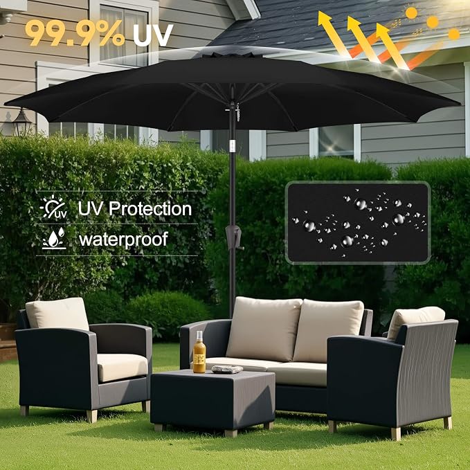FLAME&SHADE 10 ft Outdoor Market Patio Table Umbrella with Fiberglass Rib Tips and Tilt, Black