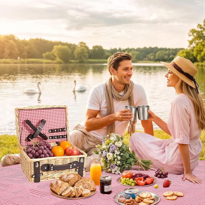 Picnic Basket Set for 2, Wicker Picnic Baskets with Waterproof Blanket and Cutlery Service Kit, Willow Hamper for Camping, Outdoors, Valentine's Day, Christmas, Birthday, Wedding Gift