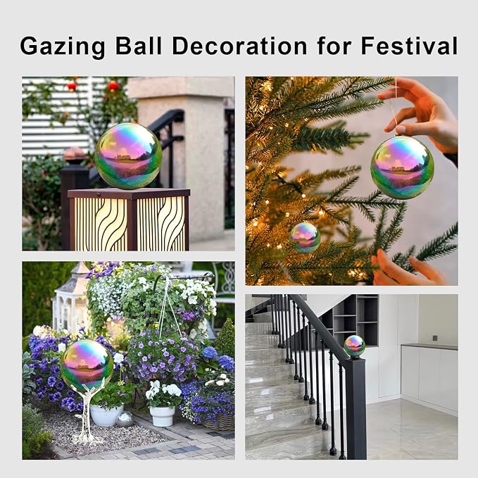Gazing Ball Garden Mirror Outdoor - Outside Decorative Globe, Rainbow 10Pcs | Metal Polished Reflective Sphere, Stainless Steel Hollow Decoration Ornament for Home Pond Swimming Pool Housewarming Gift