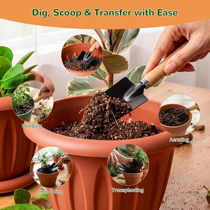 3 Pcs Mini Garden Tool Set with Small Trowel, Mini Shovel & Hand Rake | Iron Gardening Hand Tools with Wood Handle, Potting & Transplanting Tool Kit for Houseplants, Succulents, Herbs & Flowers