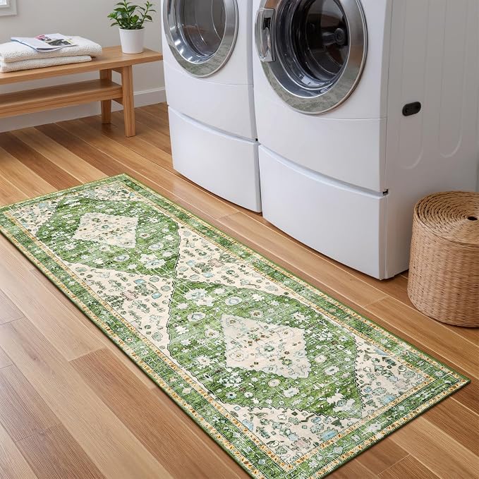 Lahome Felice Boho Runner Rugs 2x5 Green Kitchen Runner Rugs Non Skid Washable, Tribal Vintage Soft Machine Washable Non-Shedding Indoor Runners for Bedroom Hallway Bathroom Decor