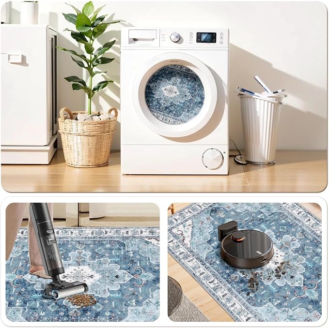 SERISSA 4x6 Washable Non Slip Boho Area Rug for Bedroom | Ultra Soft Vintage Oriental Carpet Low-Pile Distressed Blue Throw Carpet for Entry Living Room Nursery Kitchen Dorm Decor