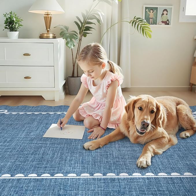 GarveeHome Scalloped Bow Rug 5x7 Washable Rugs for Living Room, Dark Blue | Non Slip Soft Low Pile Indoor Carpet for Nursery Girls Bedroom Decor Hallway Kids Room College Dorm Playroom