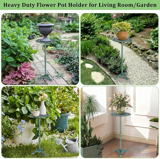 OwnMy Cast Iron Tall Plant Stand Heavy Duty Flower Pot Holder, Decorative Pedestal Potted Plant Rack, Indoor Outdoor Wrought Iron Large Single Plant Stand for Patio Garden Home, Antique Green